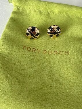 Tory Burch Black and Gold Logo Studs on Green Pouch